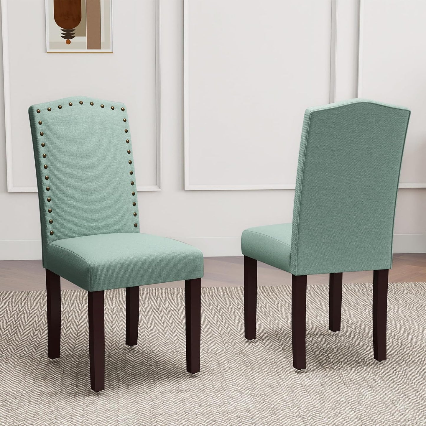 Set of 2 Upholstered Parsons Dining Chairs – Green Fabric Kitchen Chairs with Solid Wood Frame and Nailhead Trim