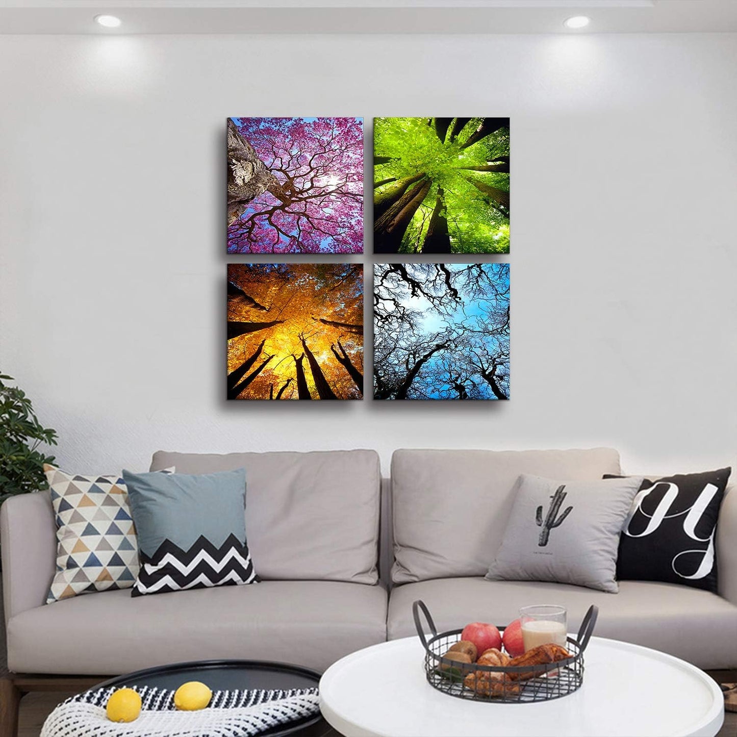 Four Seasons Landscape Tree Canvas Wall Art – 4-Panel Spring, Summer, Autumn, Winter Modern Giclée Prints, Stretched and Framed