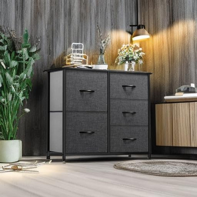 5-Drawer Fabric Dresser with Storage Bins – Wide Clothes Cabinet for Bedroom and Living Room, Black Grey