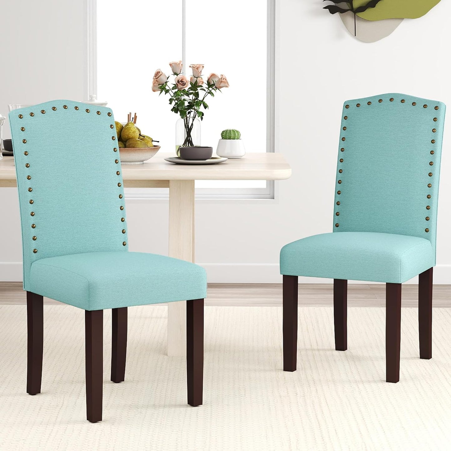 Set of 2 Upholstered Parsons Dining Chairs – Green Fabric Kitchen Chairs with Solid Wood Frame and Nailhead Trim