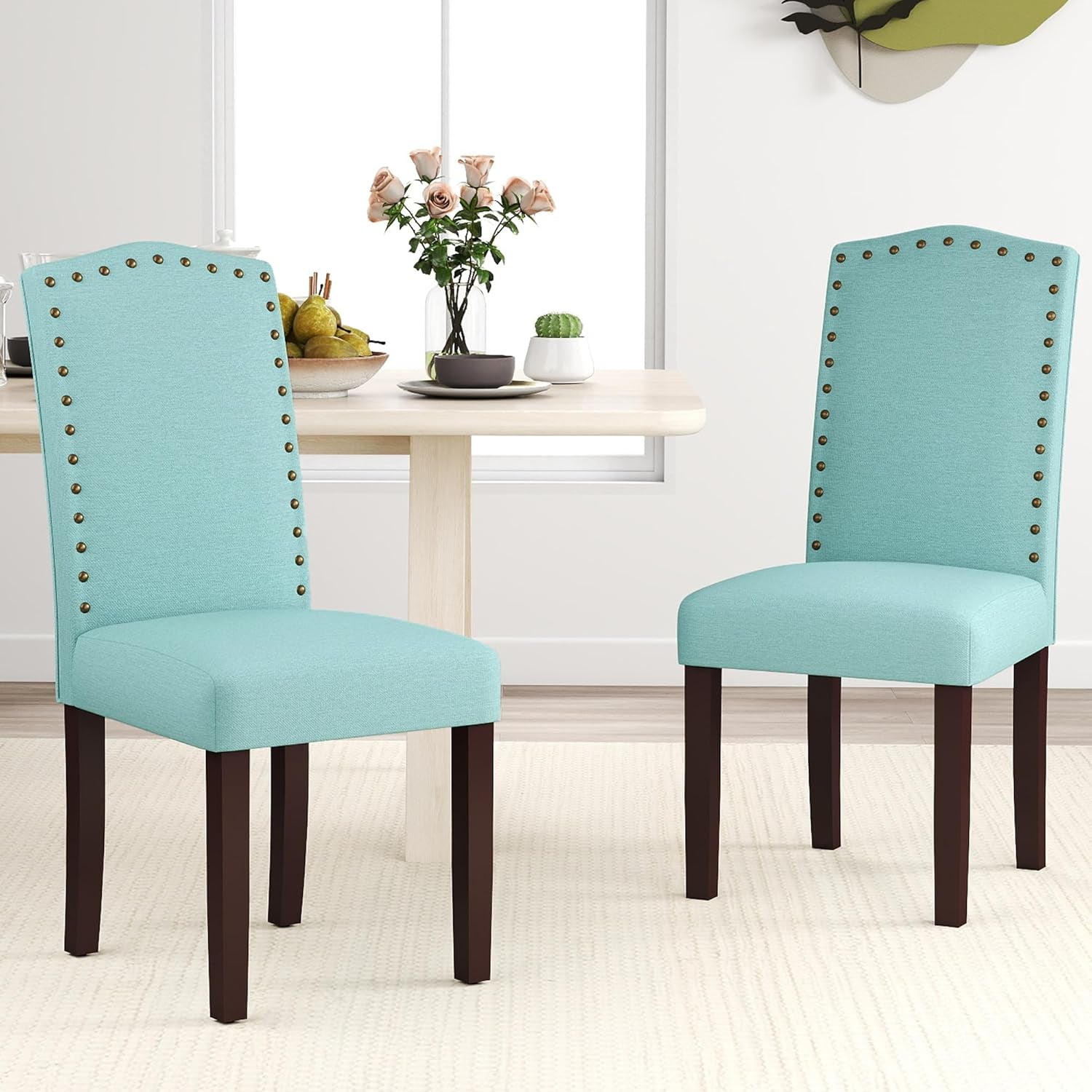 Set of 2 Upholstered Parsons Dining Chairs – Green Fabric Kitchen Chairs with Solid Wood Frame and Nailhead Trim