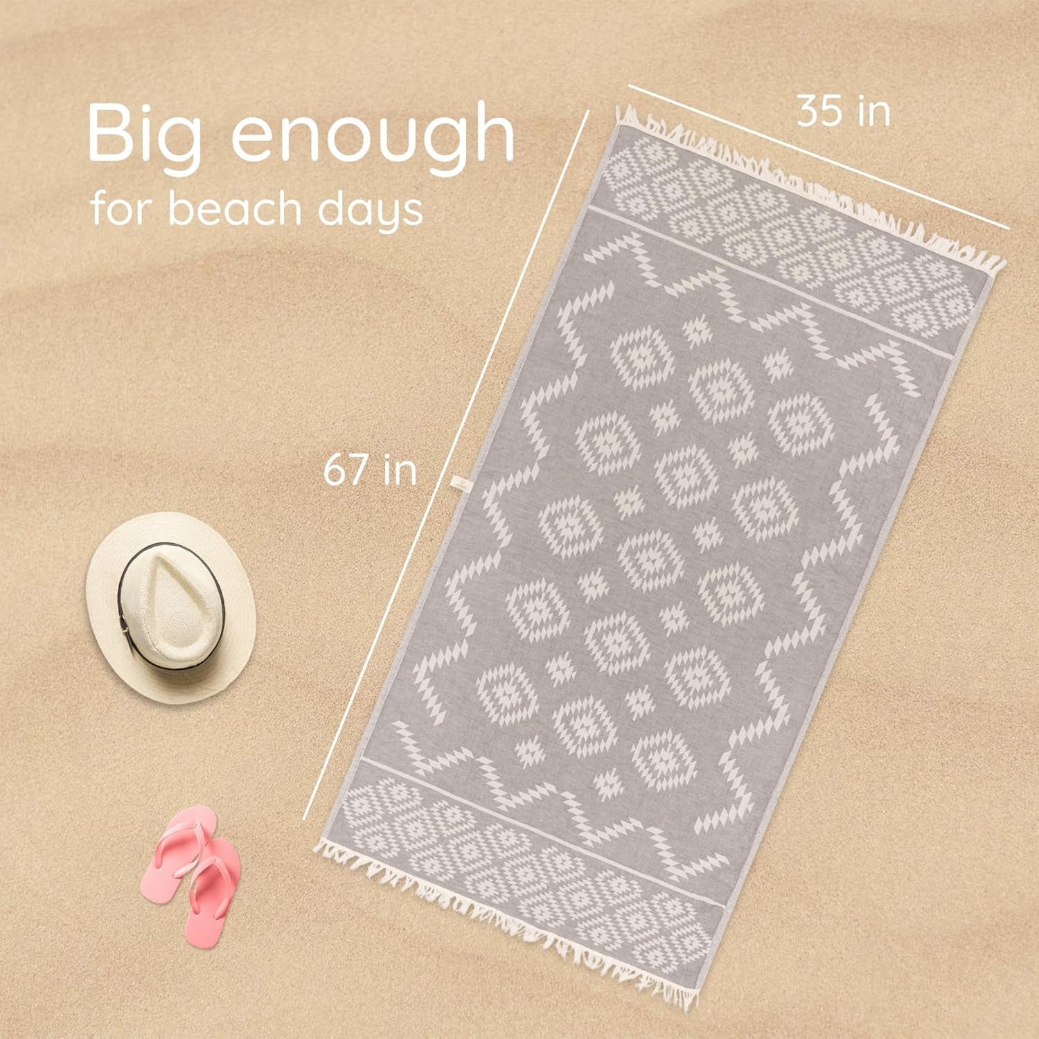 Premium Turkish Beach Towel – 35”x67” Lightweight, Quick-Dry, Sand-Free 100% Cotton Towel (Ocean Light Grey)