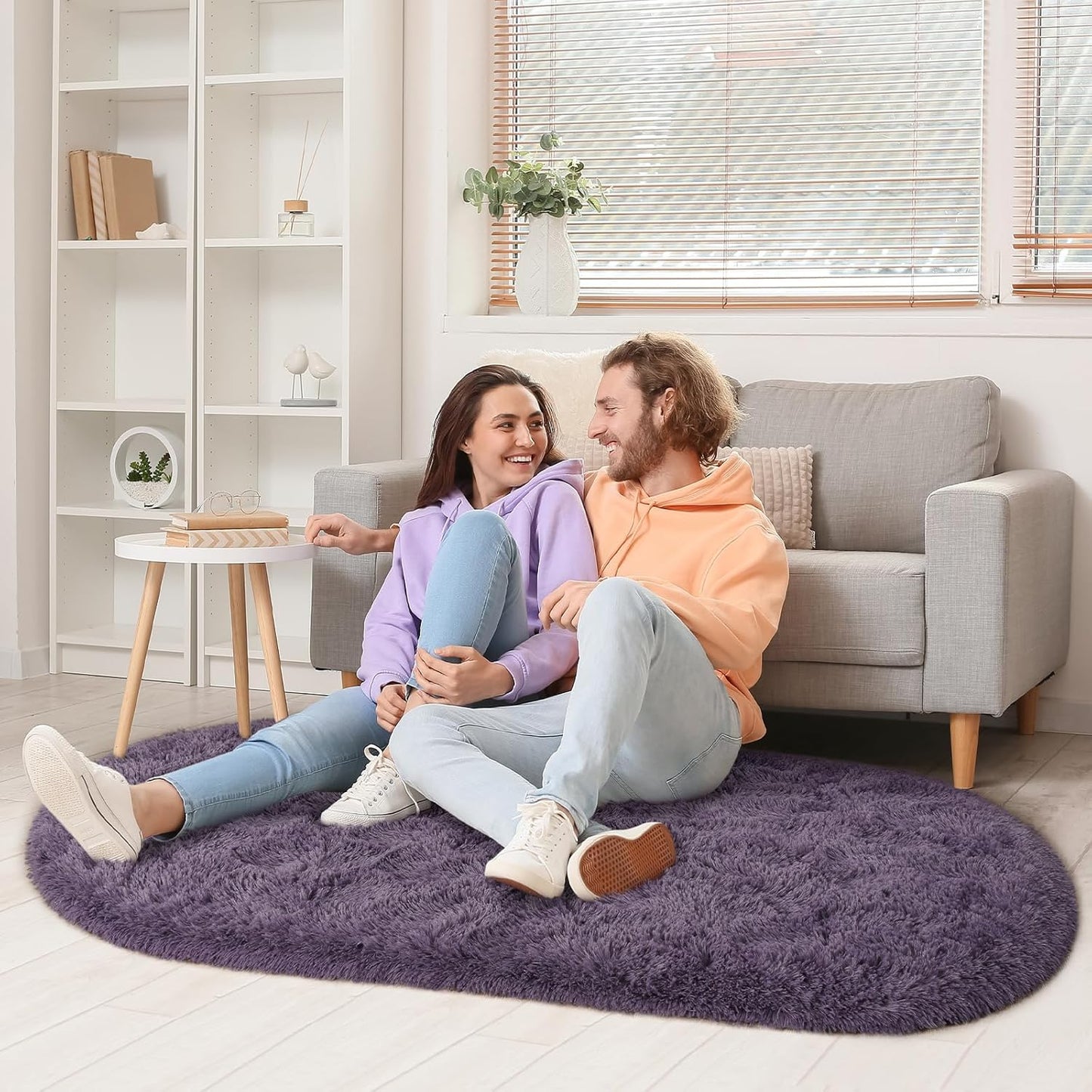 2.6' x 5.3' Fluffy Grey and Purple Shaggy Oval Area Rug – Soft Bedroom and Living Room Accent Carpet