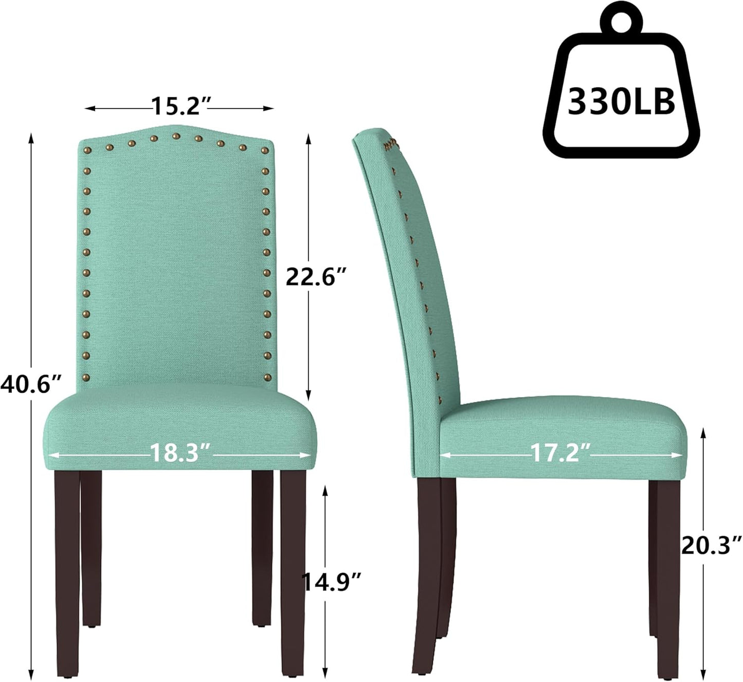 Set of 2 Upholstered Parsons Dining Chairs – Green Fabric Kitchen Chairs with Solid Wood Frame and Nailhead Trim