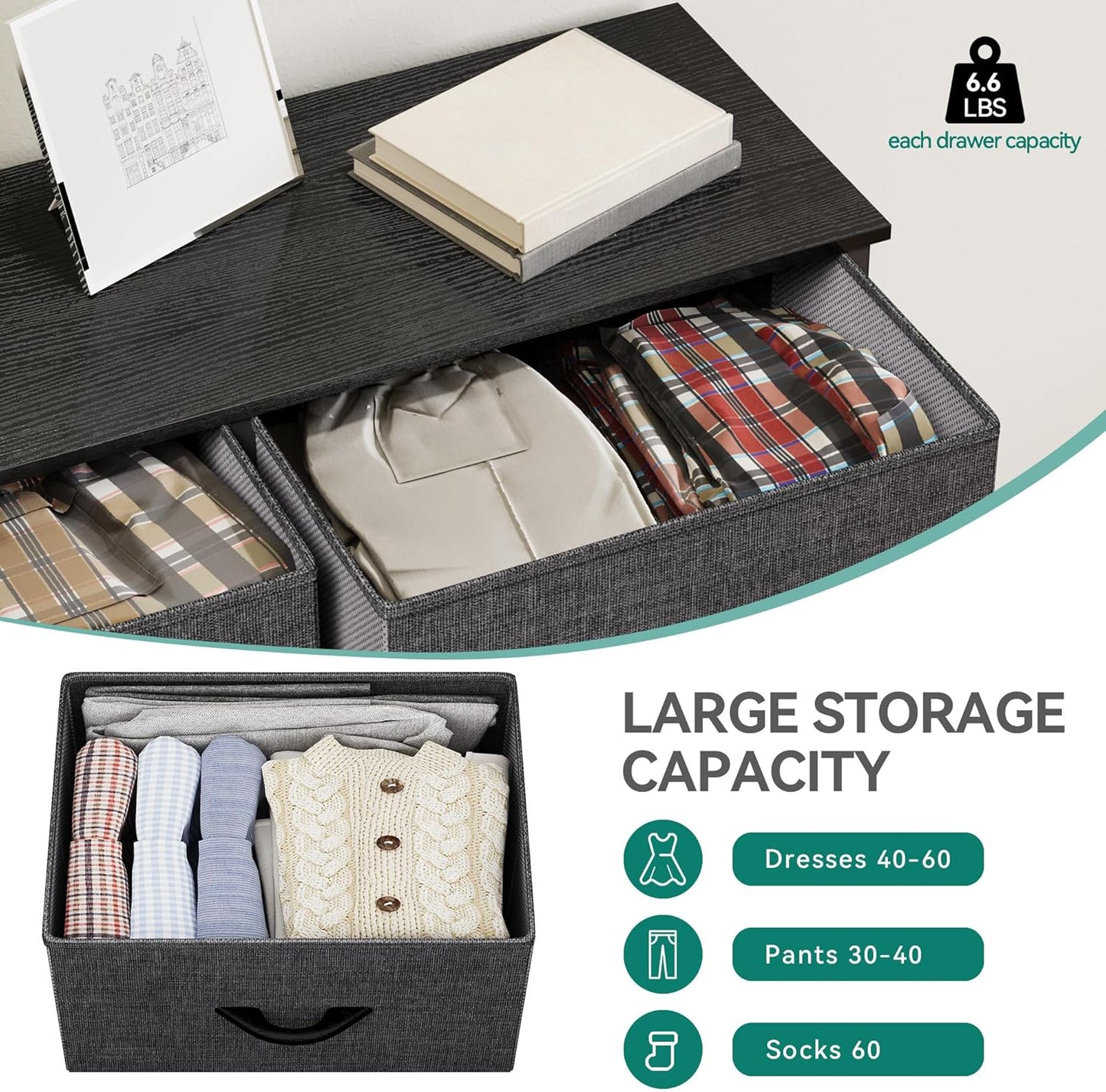 5-Drawer Fabric Dresser with Storage Bins – Wide Clothes Cabinet for Bedroom and Living Room, Black Grey