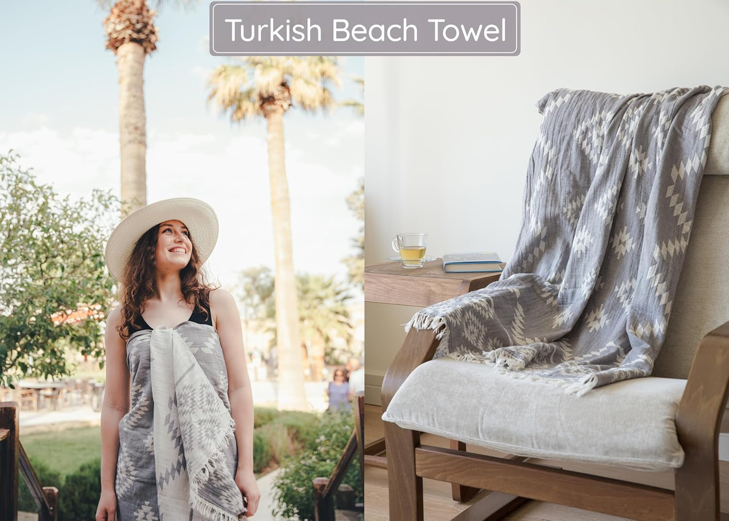 Premium Turkish Beach Towel – 35”x67” Lightweight, Quick-Dry, Sand-Free 100% Cotton Towel (Ocean Light Grey)