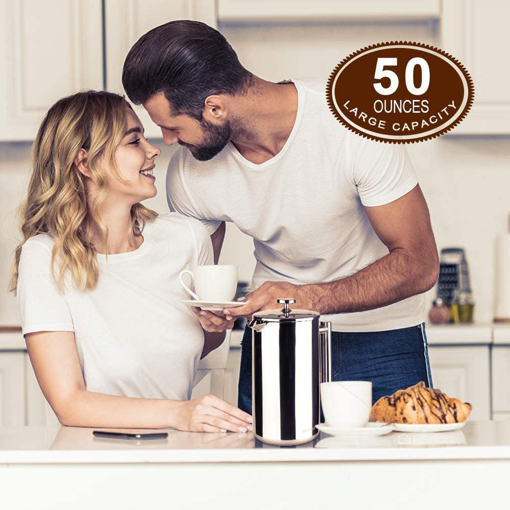 French Press Coffee Maker – 50oz (1.5L) Insulated Stainless Steel Press with 2 Extra Screens, 304 Grade, Silver