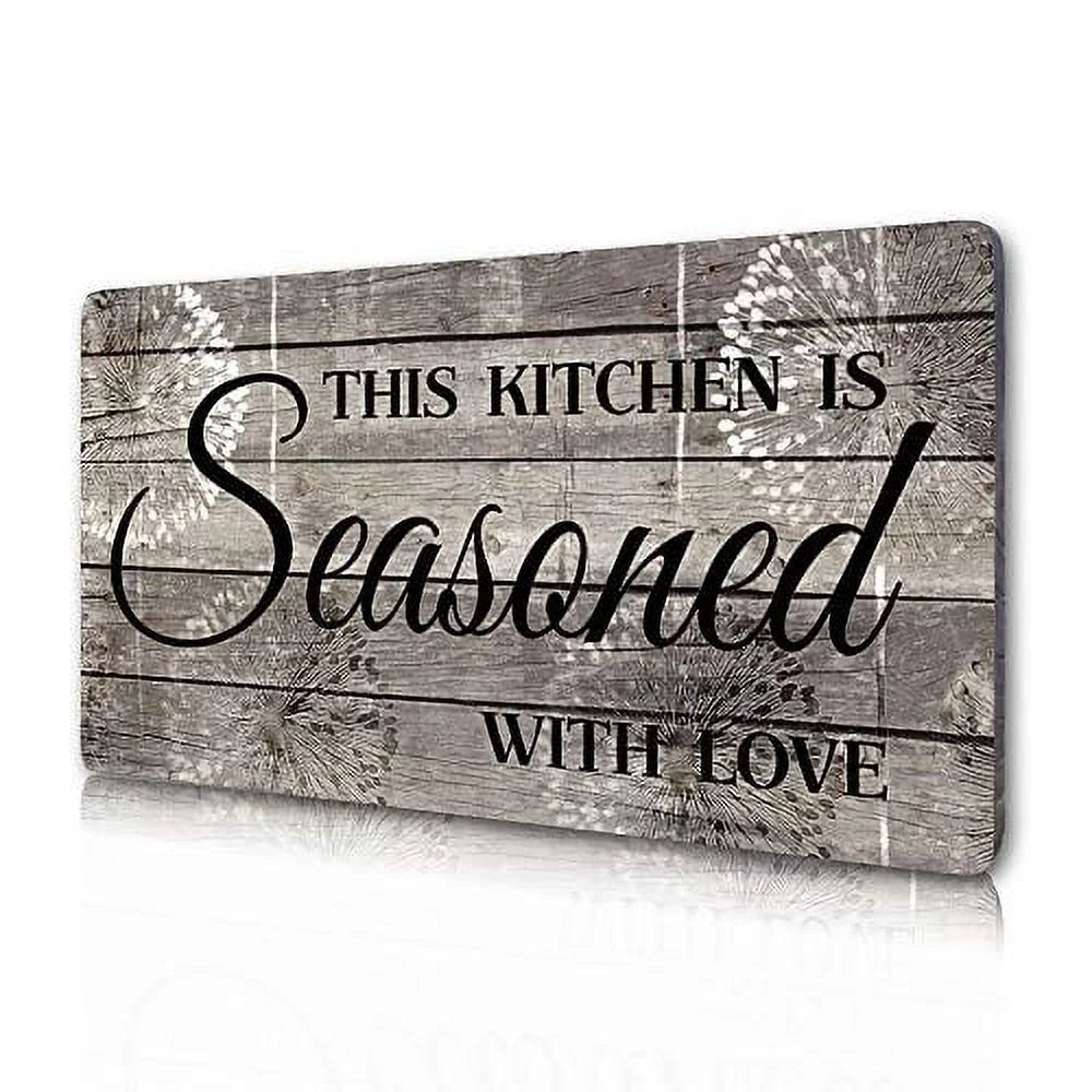 Rustic Farmhouse Kitchen Wall Plaque – This Kitchen Is Seasoned with Love Printed Wood Sign, 16 x 8 Inches