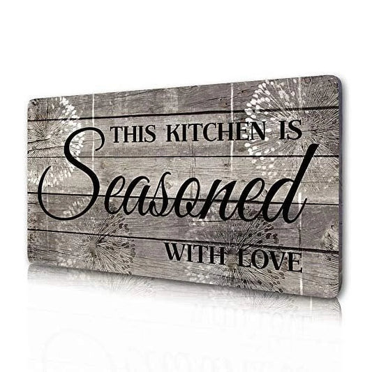 Rustic Farmhouse Kitchen Wall Plaque – This Kitchen Is Seasoned with Love Printed Wood Sign, 16 x 8 Inches