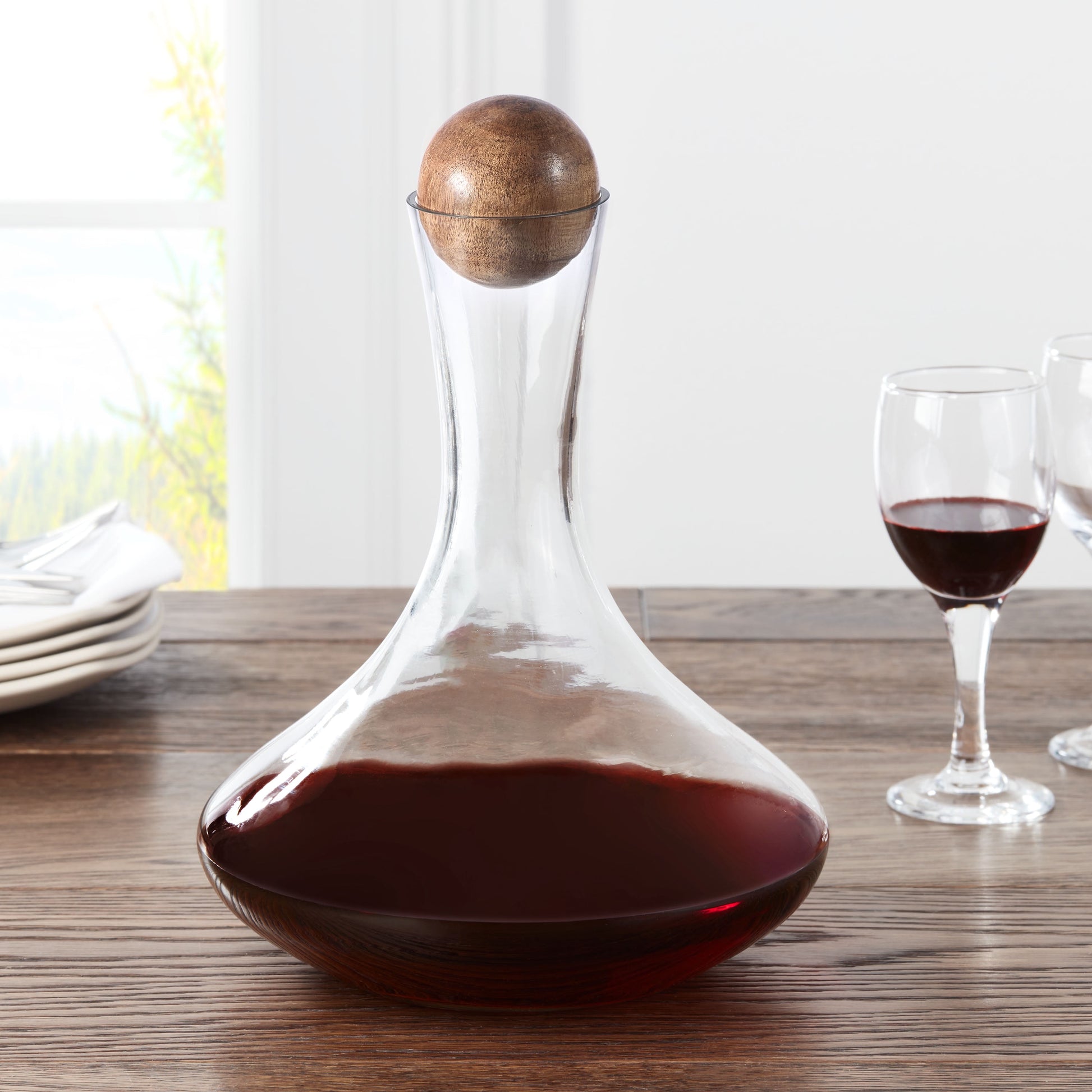 Glass Wine Decanter with Wooden Sphere Stopper – 85 oz Capacity