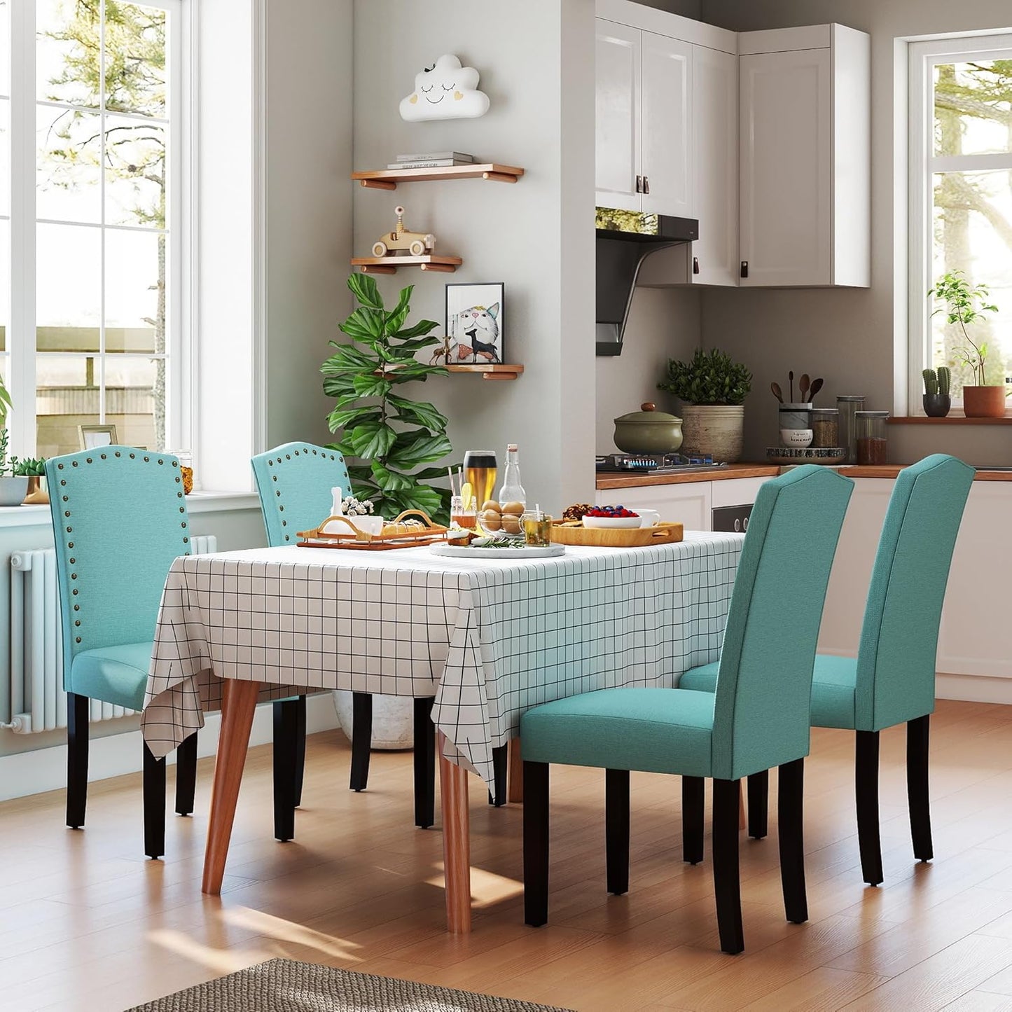 Set of 2 Upholstered Parsons Dining Chairs – Green Fabric Kitchen Chairs with Solid Wood Frame and Nailhead Trim