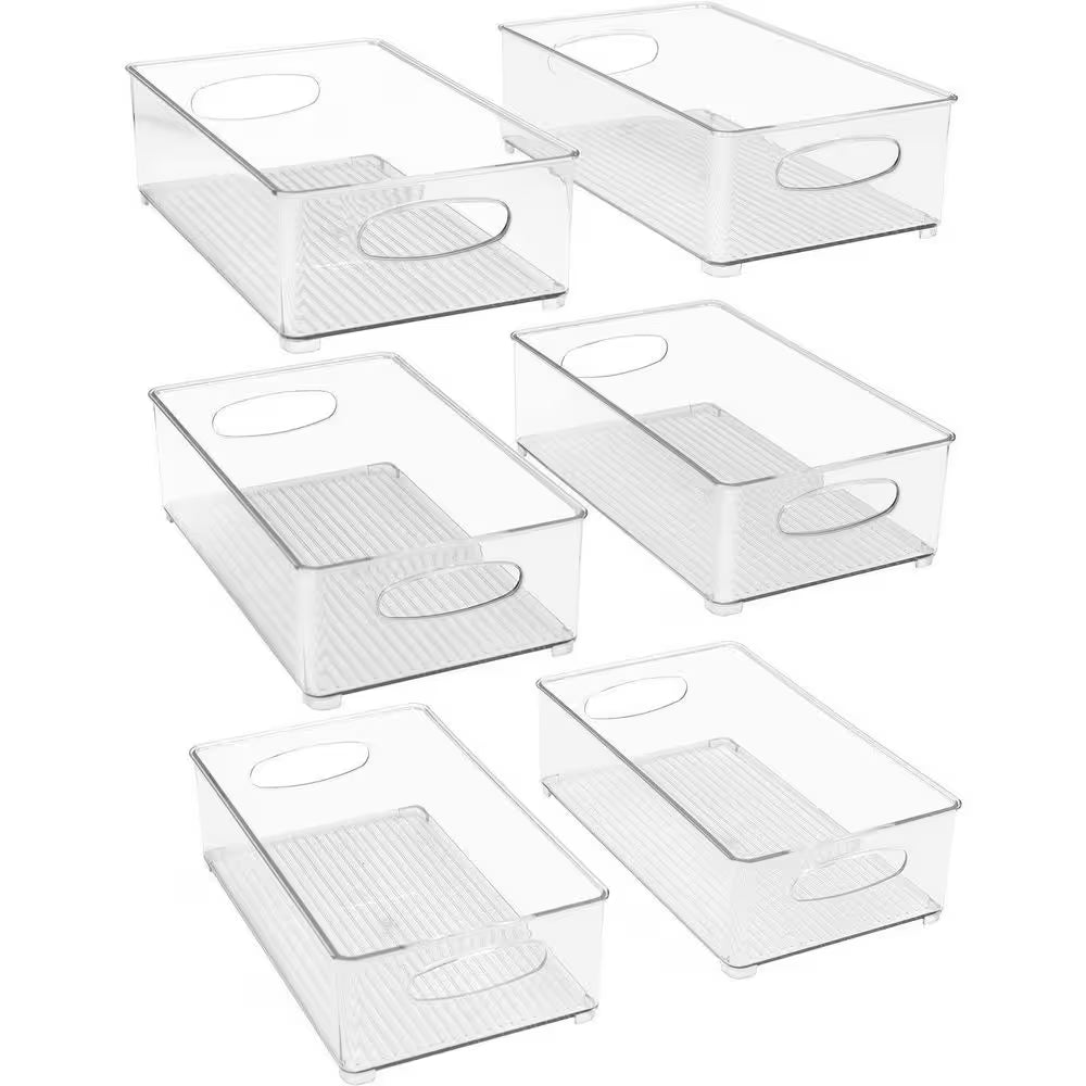 6 Pack Clear Plastic Storage Bins for Fridge and Pantry Stackable Organizer Set