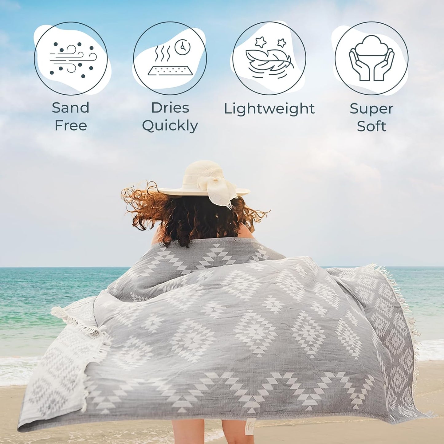 Premium Turkish Beach Towel – 35”x67” Lightweight, Quick-Dry, Sand-Free 100% Cotton Towel (Ocean Light Grey)
