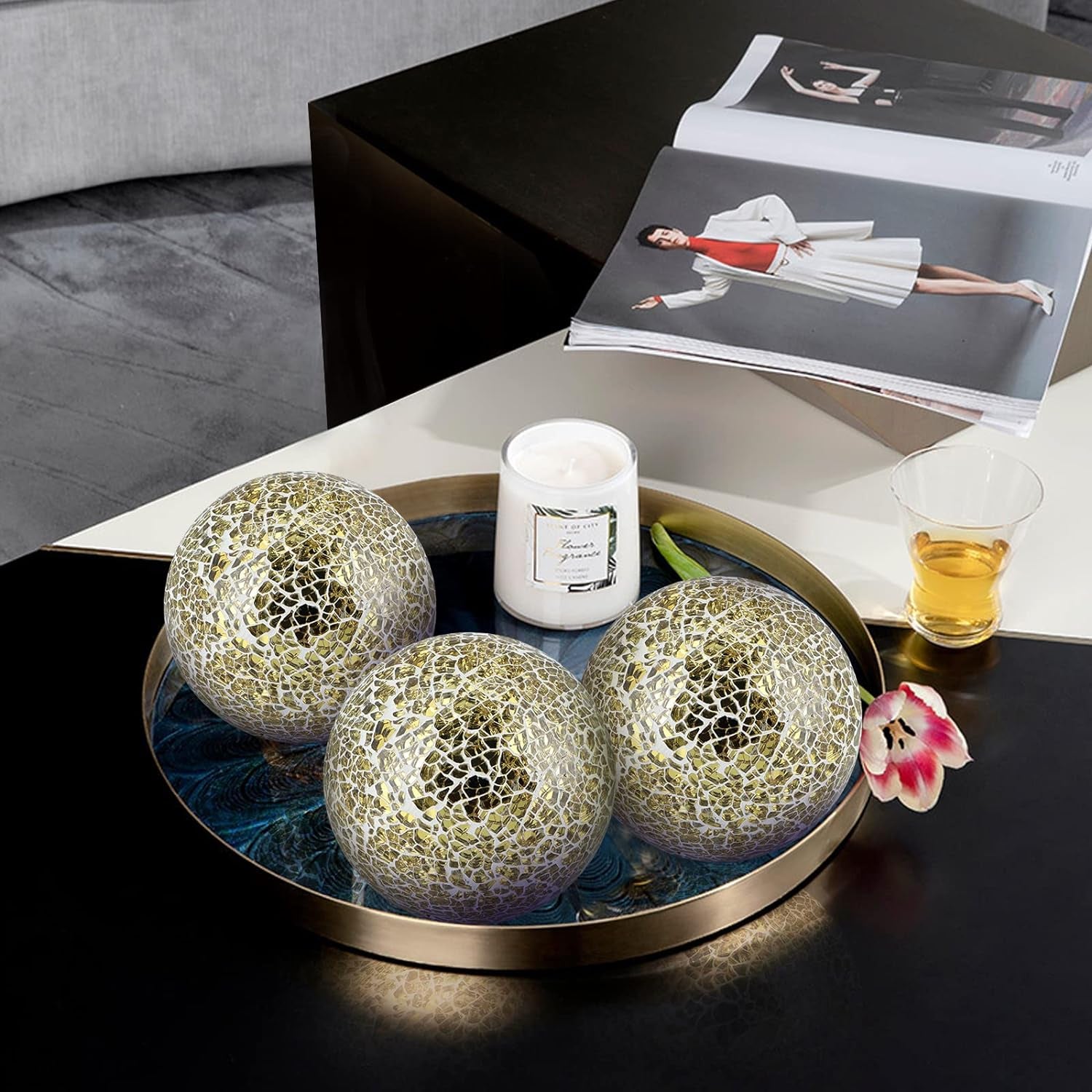Set of 3 Decorative 4” Mosaic Sphere Balls – Gold Orbs for Bowls, Vases & Dining Table Centerpieces